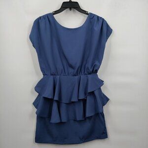 Ask Grace Round Neck Ruffle Flutter Sleeve Open Back Mini Dress 12 Women Blue